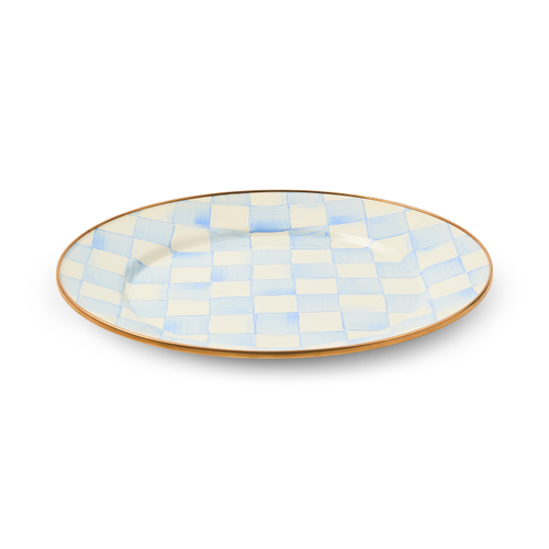 Hand-painted Sky Blue Check dinner plate with bronzed stainless steel rim on heavy-gauge steel.