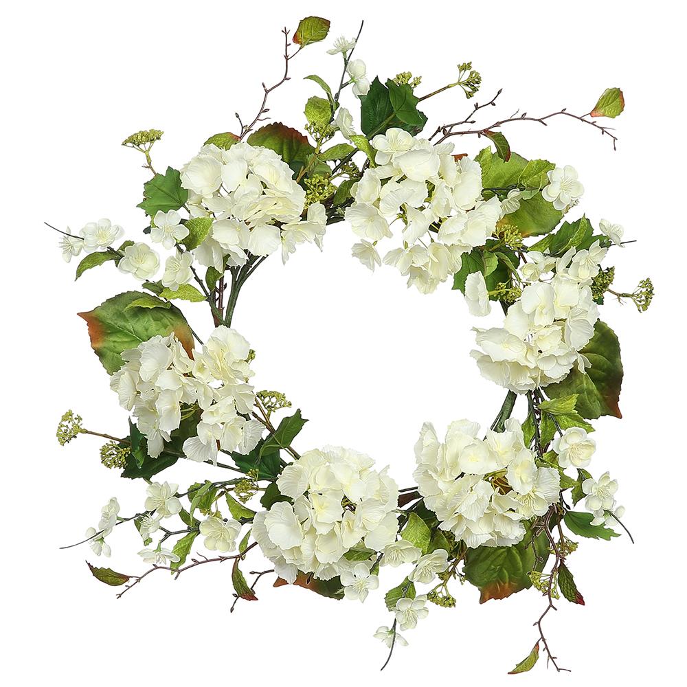 Cream green hydrangea wreath with plastic stems on a cream background.