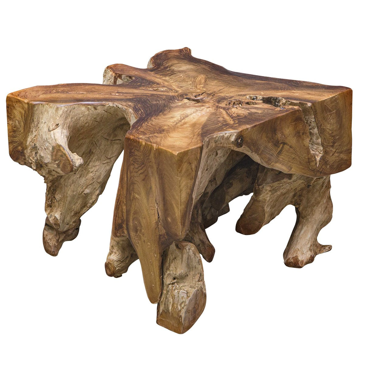 Center Root Modular Table made from a natural teak wood stump with a flat polished top.