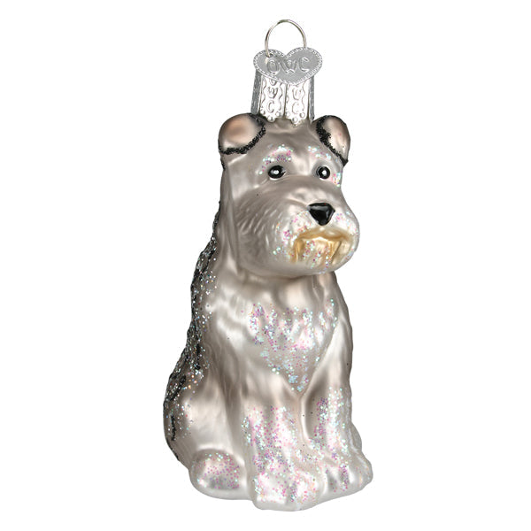 Grey Schnauzer glass Christmas ornament with glitter accents and a silver heart-shaped hanger.