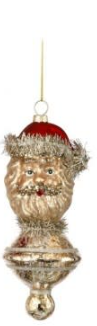 Six-inch vintage glass Santa finial ornament with red color.