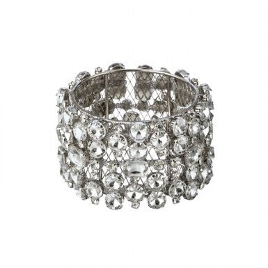 ID Faux Diamond Cuff Ring featuring a silver mesh band encrusted with clear, multi-sized crystals.