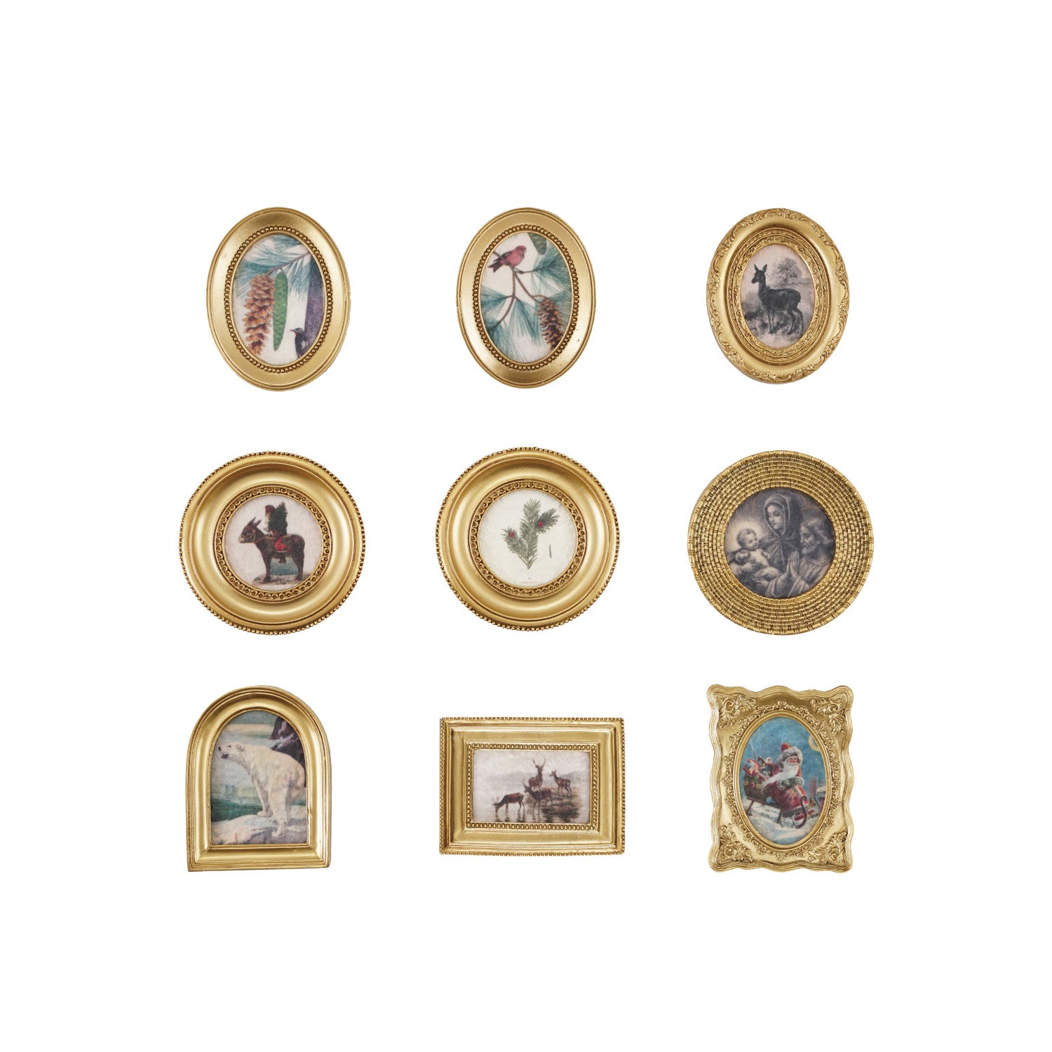 Assorted resin mini framed vintage seasonal art magnets with gold-finished frames.