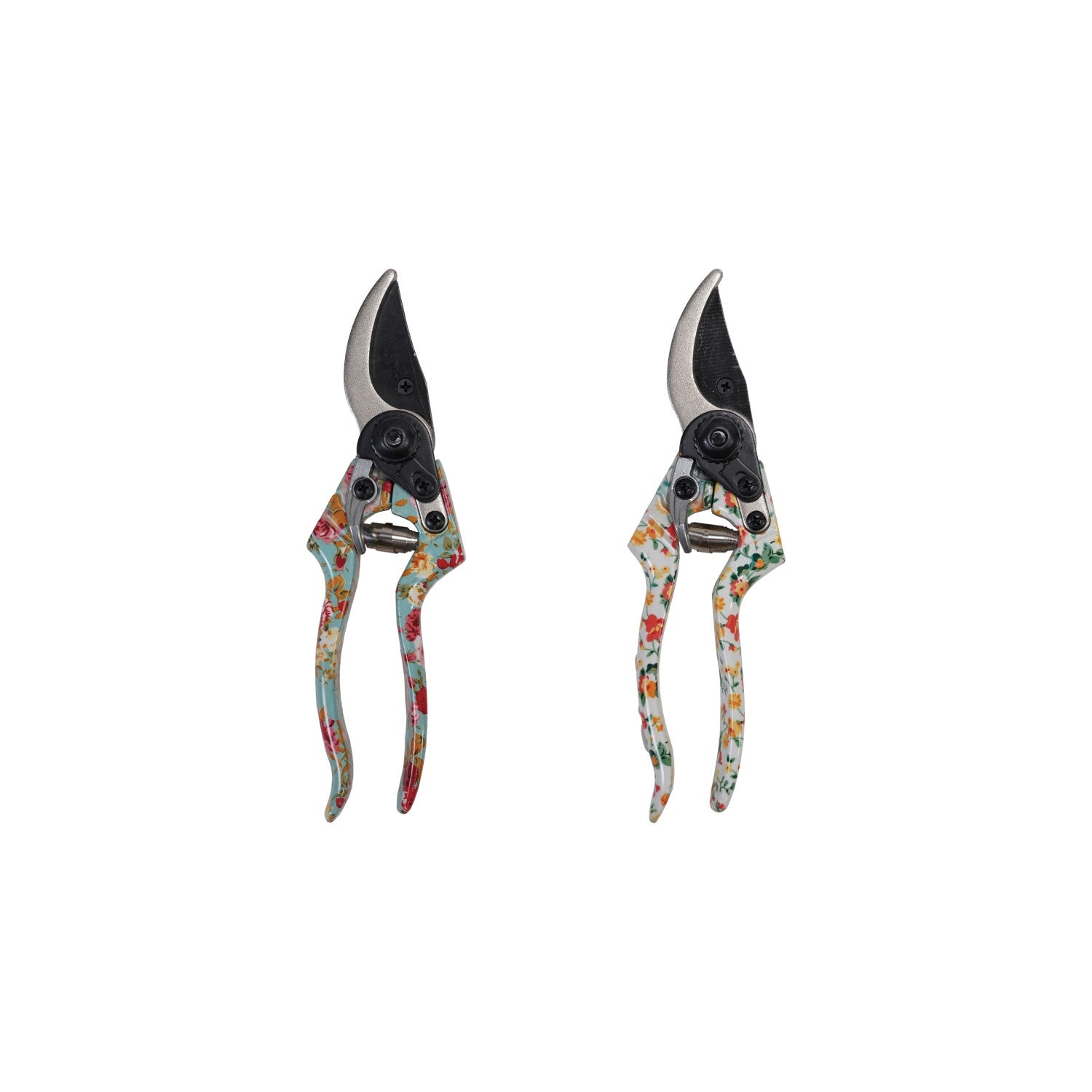 Two garden pruning shears with floral patterns on the handles, one blue and one white.