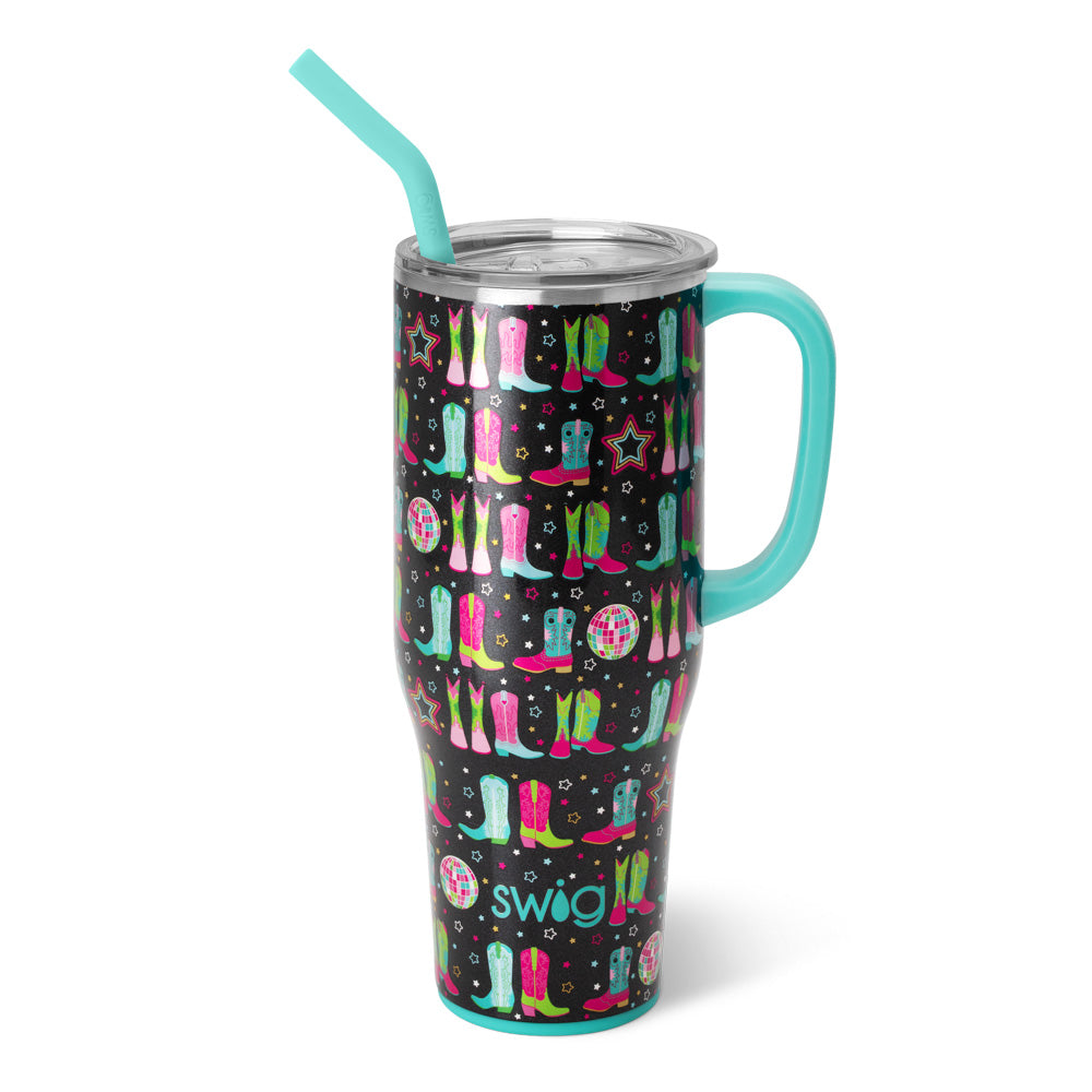 40oz Mega Mug in silver stainless steel with a comfort-grip handle, triple insulation walls, and BPA-free lid.