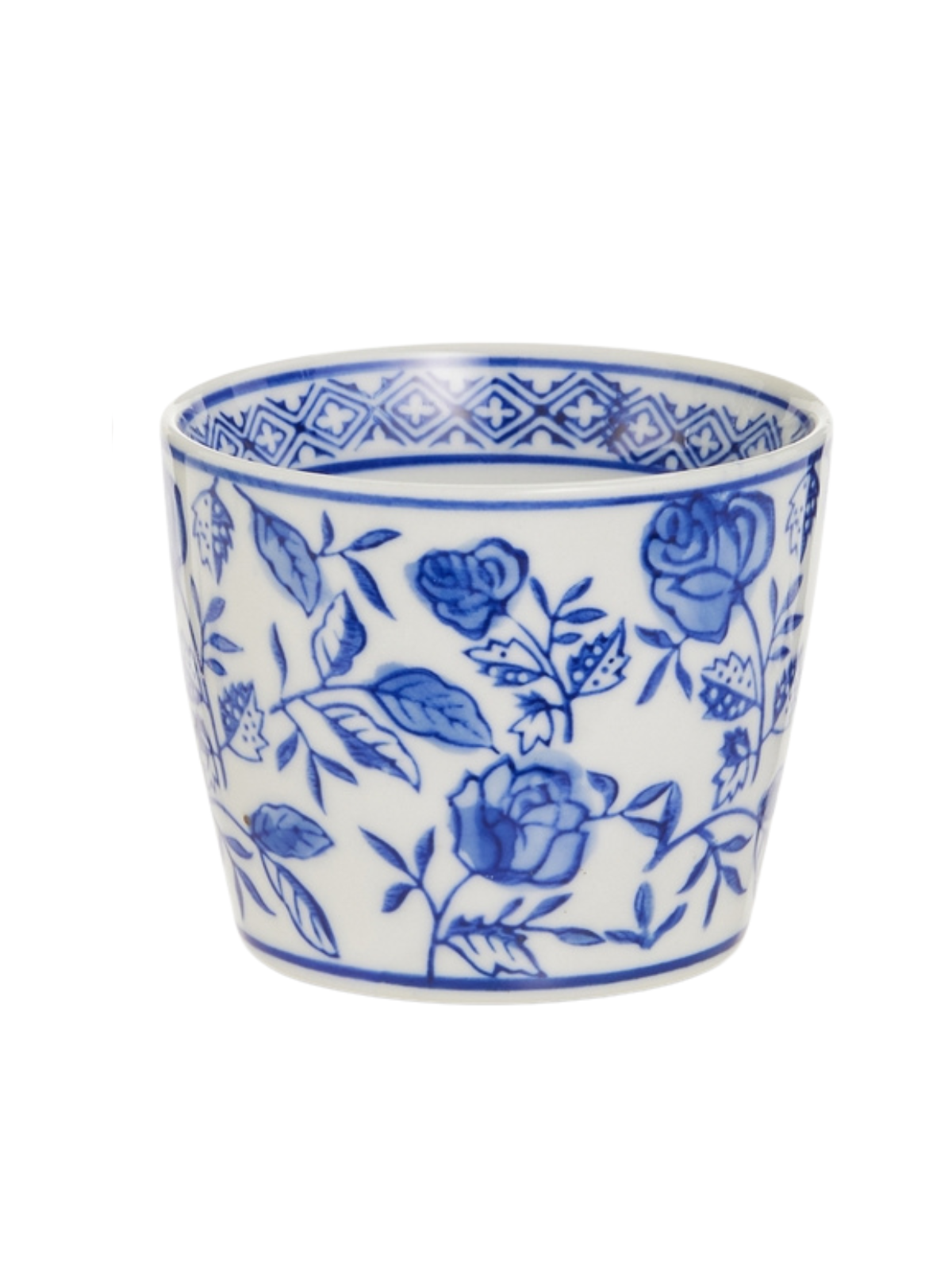 3.5 inch mini white clay pot with blue floral rose pattern and geometric rim border.