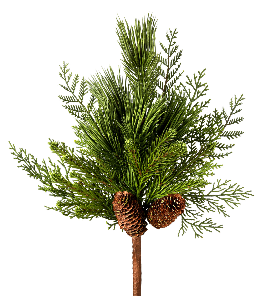 18-inch artificial mixed PE pine and cedar spray with two brown pinecones on a brown stem.