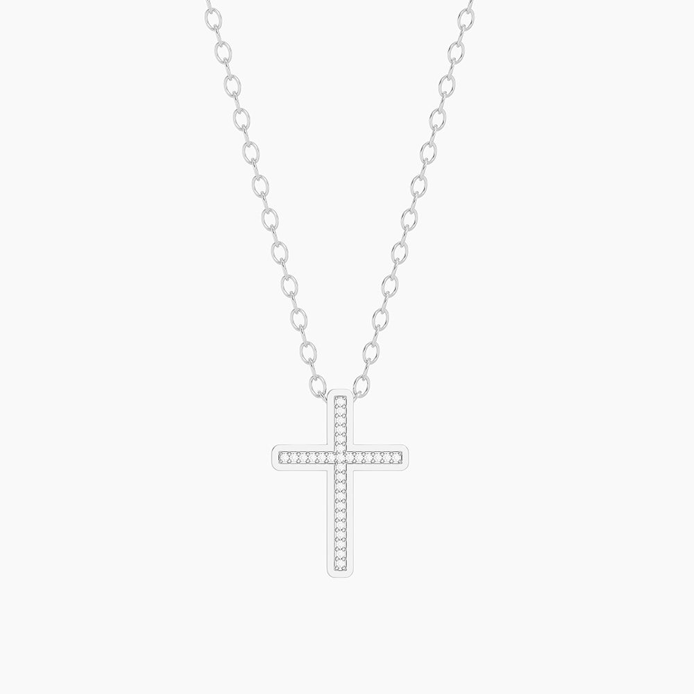 Silver plated cross pendant necklace with small natural diamonds on a delicate chain.