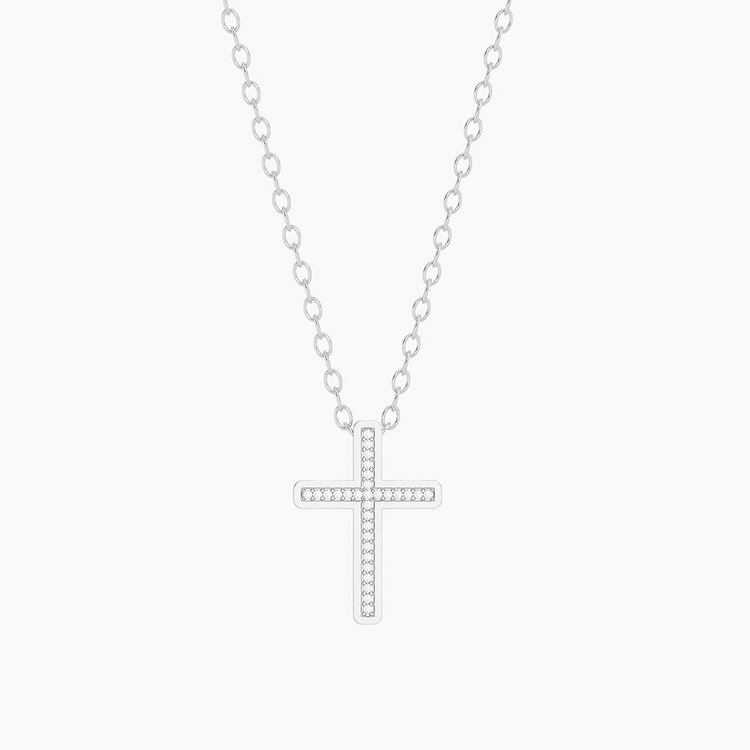 Silver plated cross pendant necklace with small natural diamonds on a delicate chain.