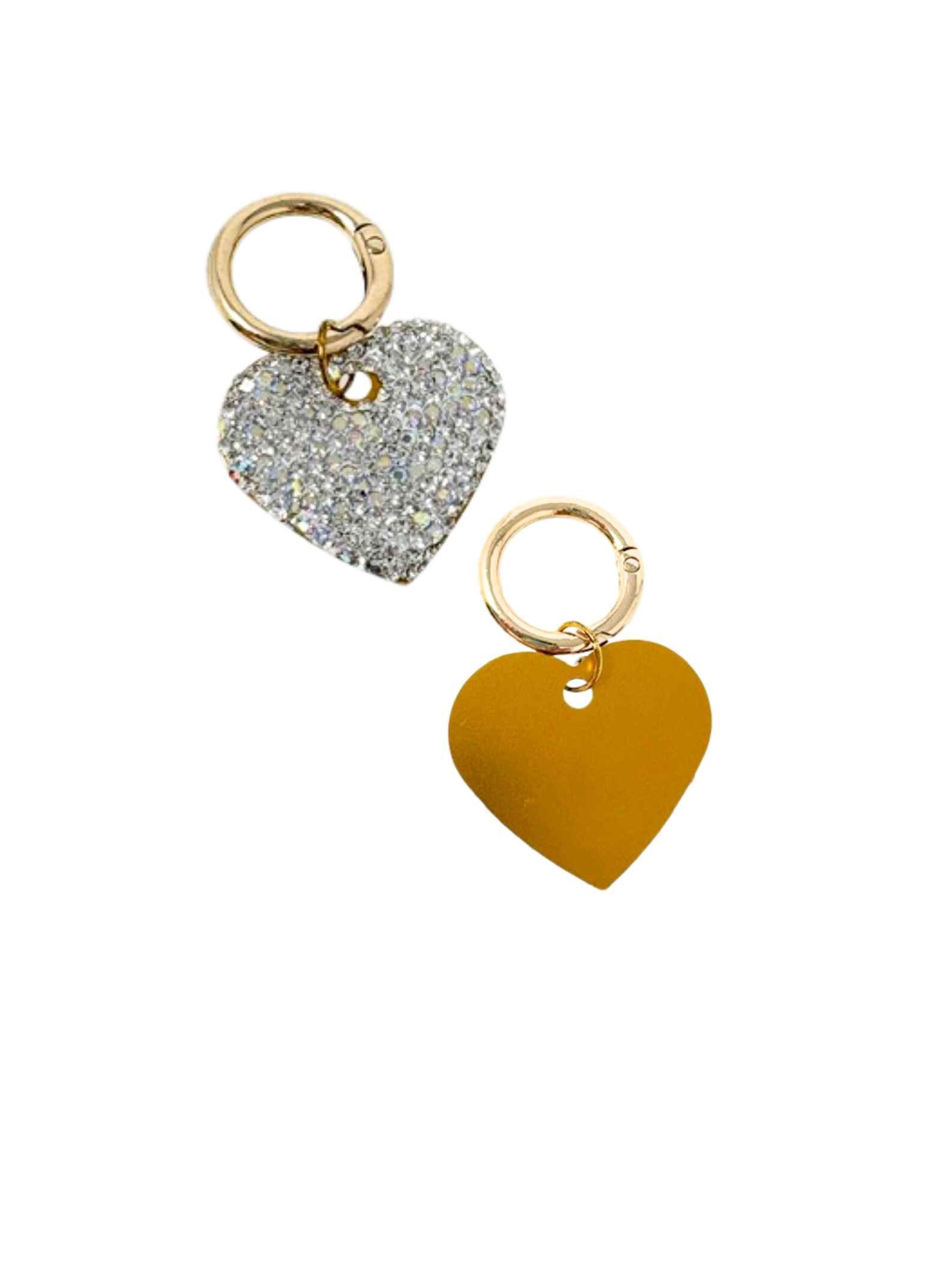 Heart-shaped bling dog tag showing a rhinestone-covered side and a solid gold engravable side.