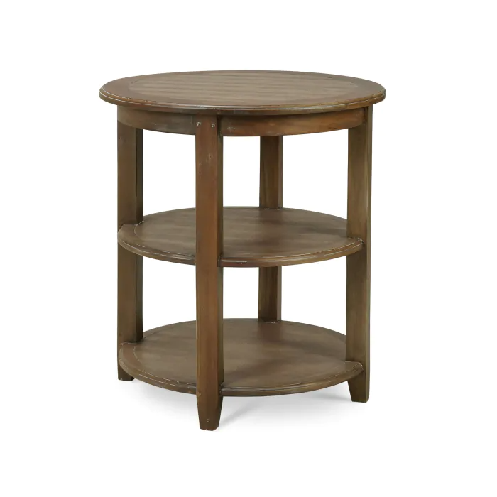 Luna Round three-tier side table in straw wash finish with natural woven texture