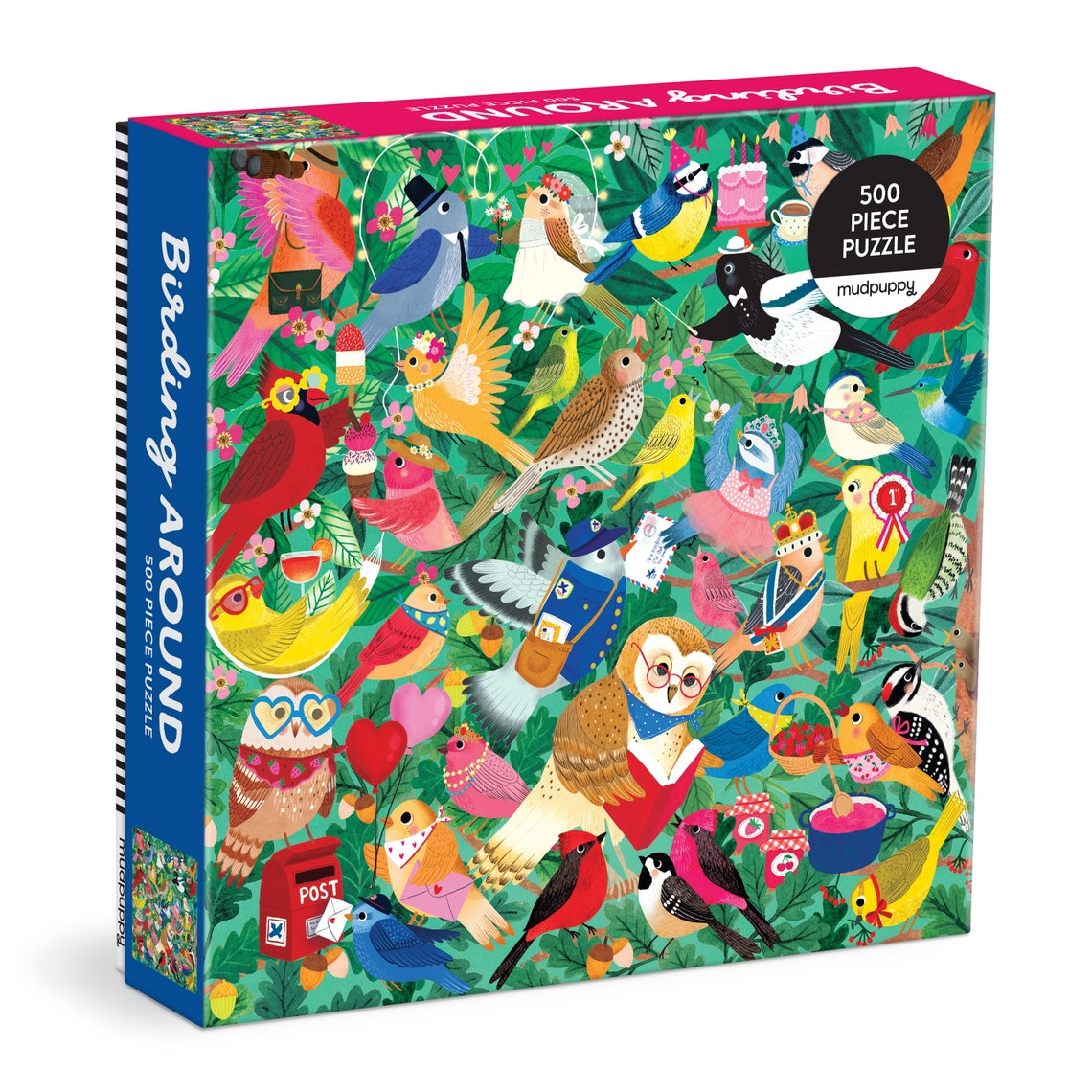 Wooden birding puzzle featuring a colorful forest scene with various birds perched on branches.
