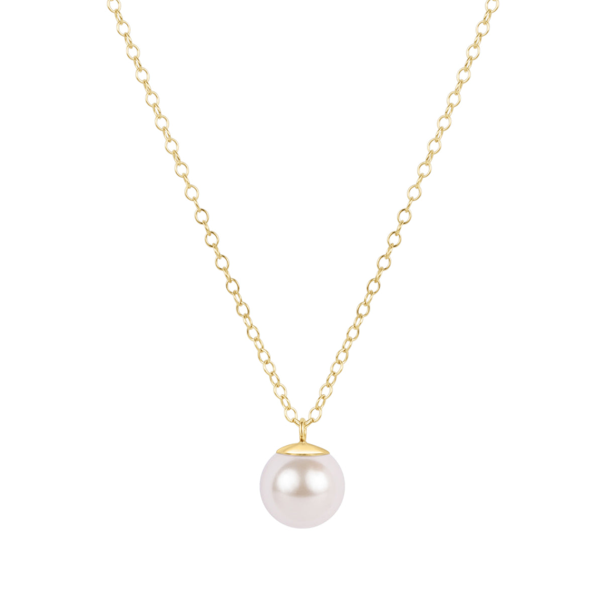 A gold-filled necklace with a classic 10mm pearl charm on a 16-inch chain.