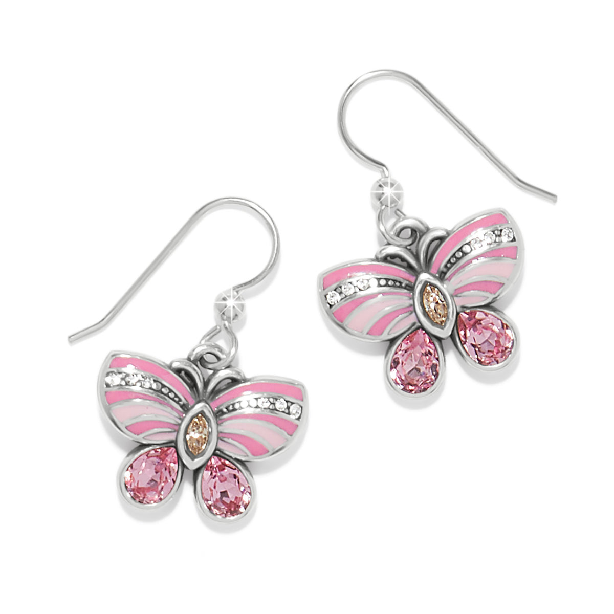 Silver-plated French wire earrings with pink enamel butterflies and multi-color fine crystals.