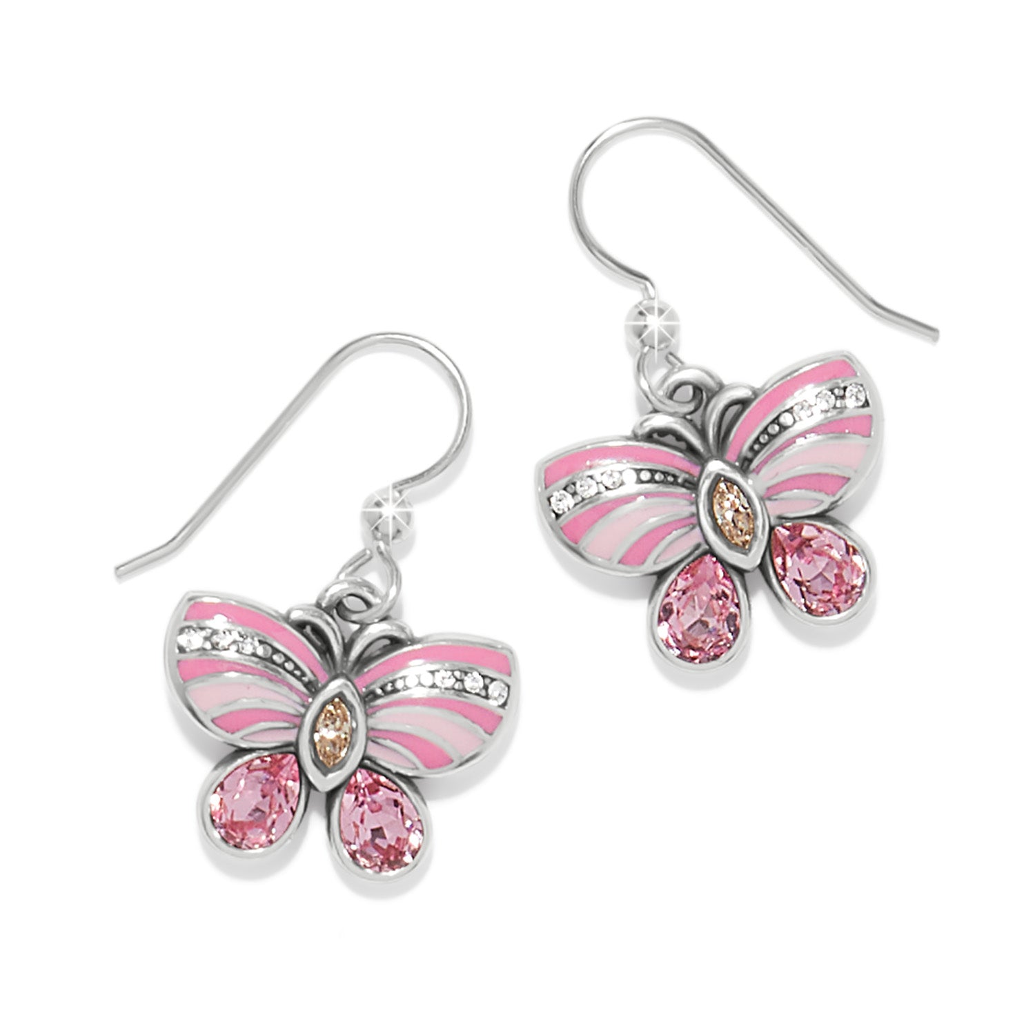 Silver-plated French wire earrings with pink enamel butterflies and multi-color fine crystals.