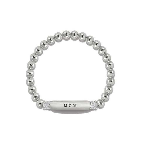 Silver plated Meridian Mom Petite Stretch Bracelet with round beads and a MOM engraved bar.