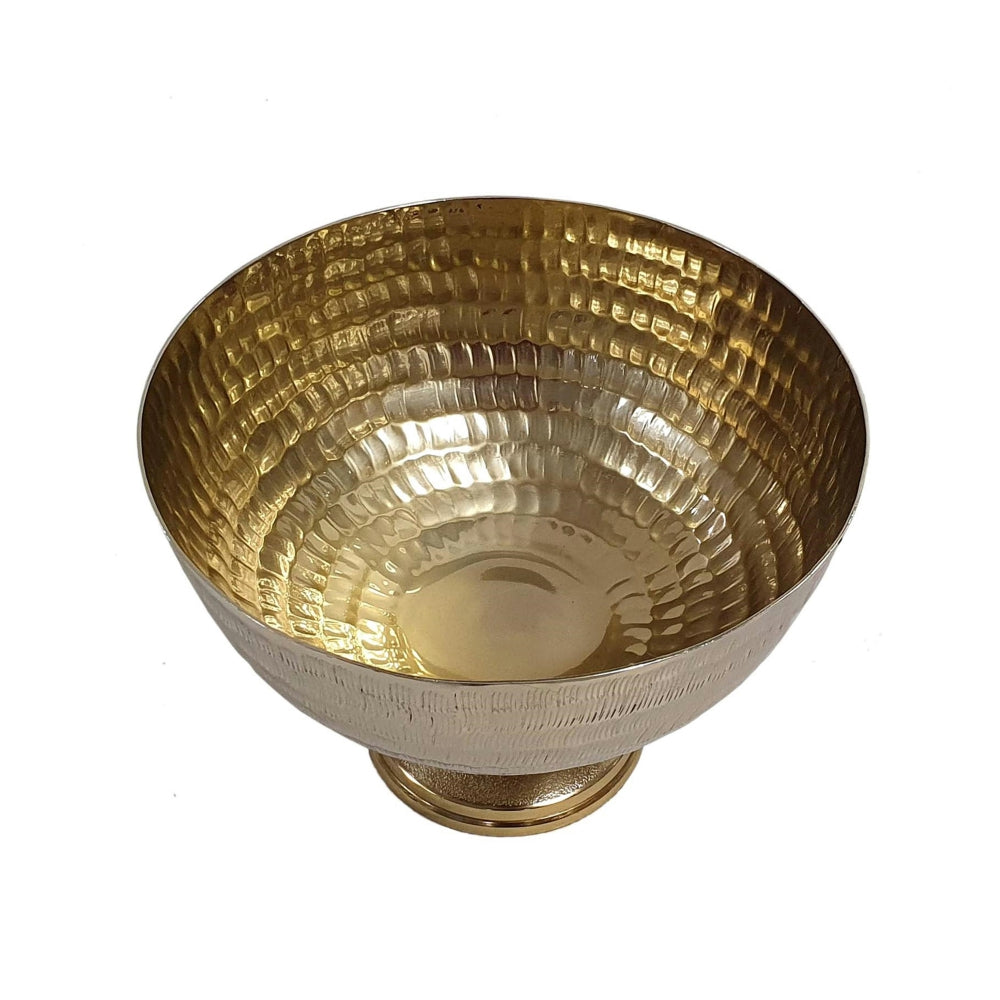 Handmade gold aluminum pedestal bowl with a hammered interior texture and silver exterior finish.