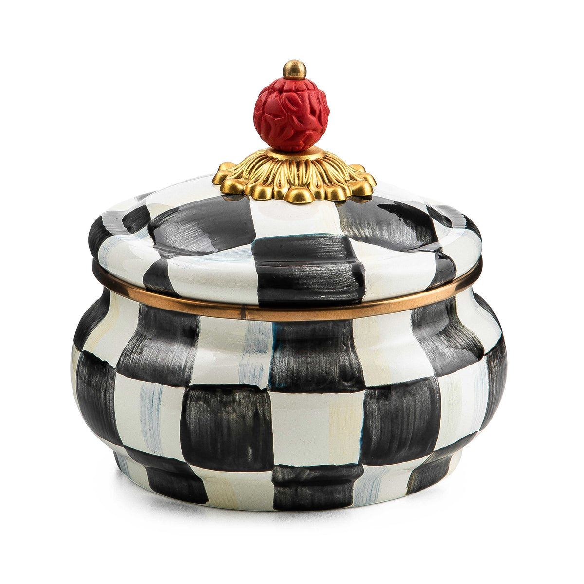 Hand-glazed steel squashed pot with Courtly Check pattern, bronzed stainless rim, and brass accents.