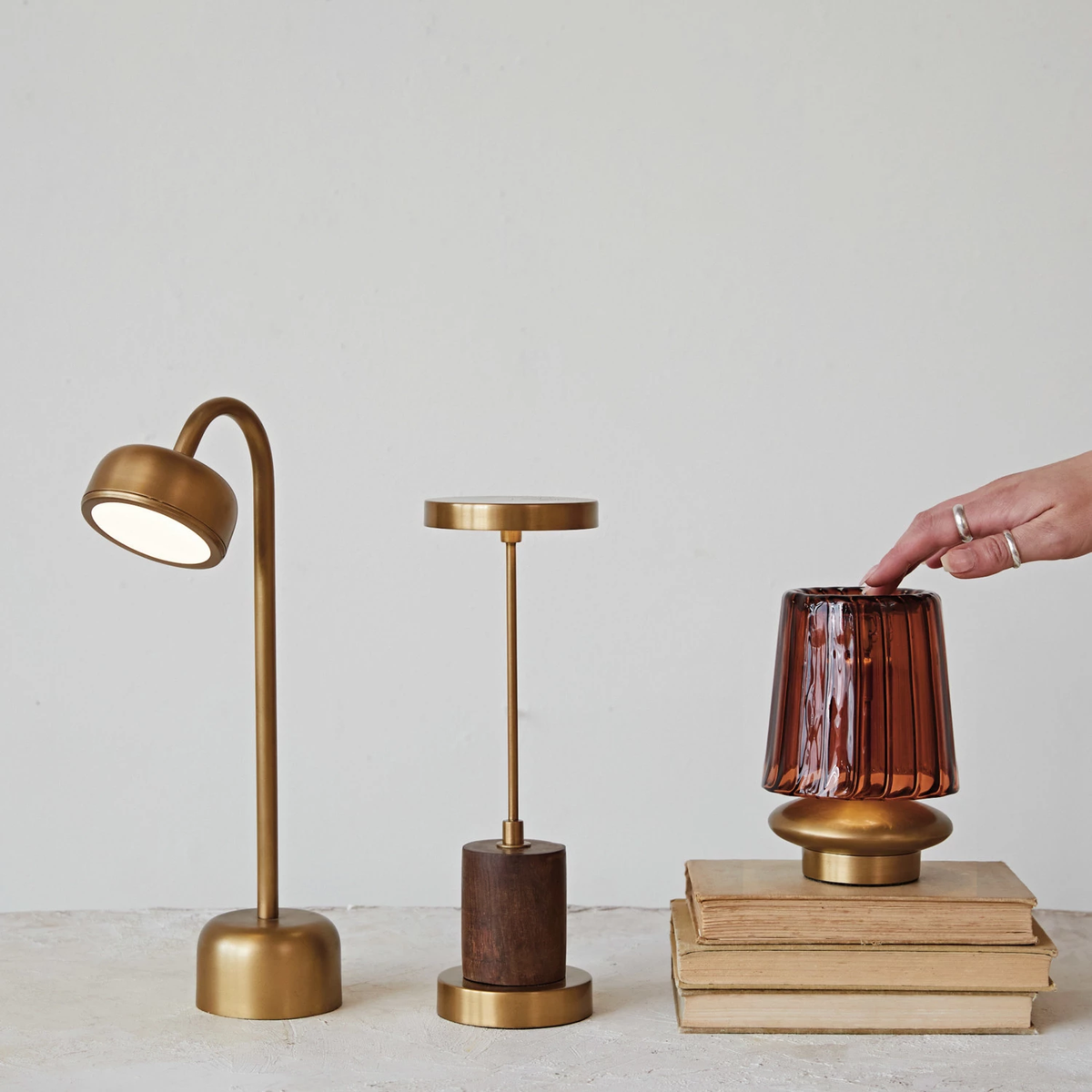 Antique brass metal table lamp with mango wood accents and touch sensor switch