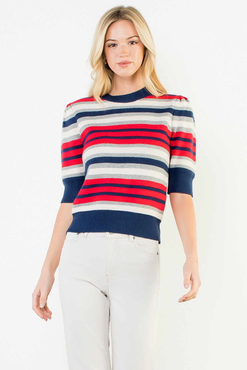 Charlene multi-color knit top with short sleeves in a relaxed fit.