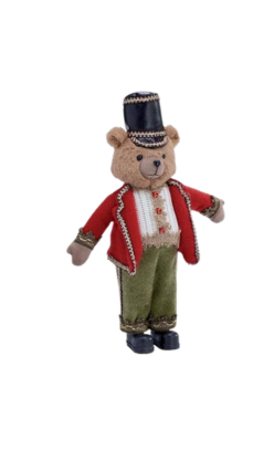 Teddy Bear Nutcracker figurine wearing a red jacket, green pants, and a black top hat.
