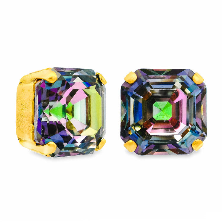 Antique gold-plated Nikki earrings featuring .5" high-quality crystals in Candy Crush ABV Volcano color.