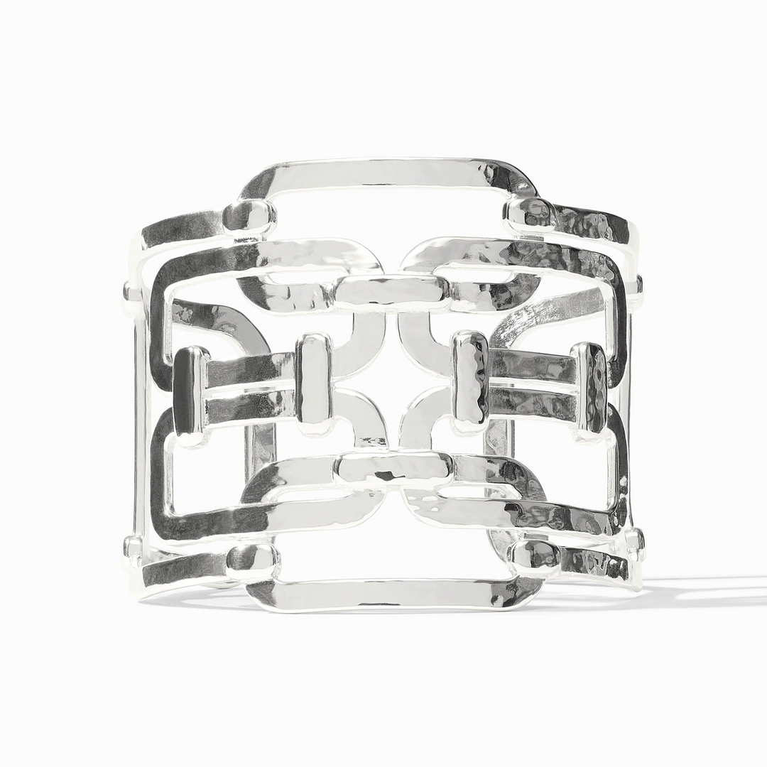Sahara Statement Cuff in polished silver featuring a wide, openwork geometric chain link design.