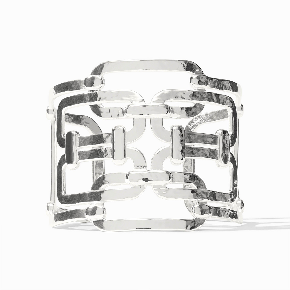Sahara Statement Cuff in polished silver featuring a wide, openwork geometric chain link design.