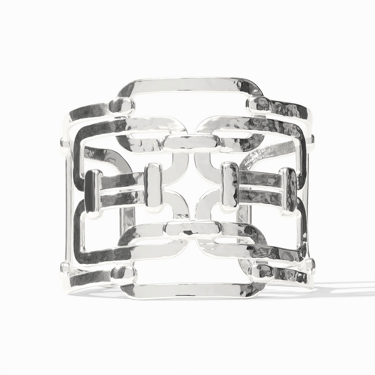 Sahara Statement Cuff in polished silver featuring a wide, openwork geometric chain link design.