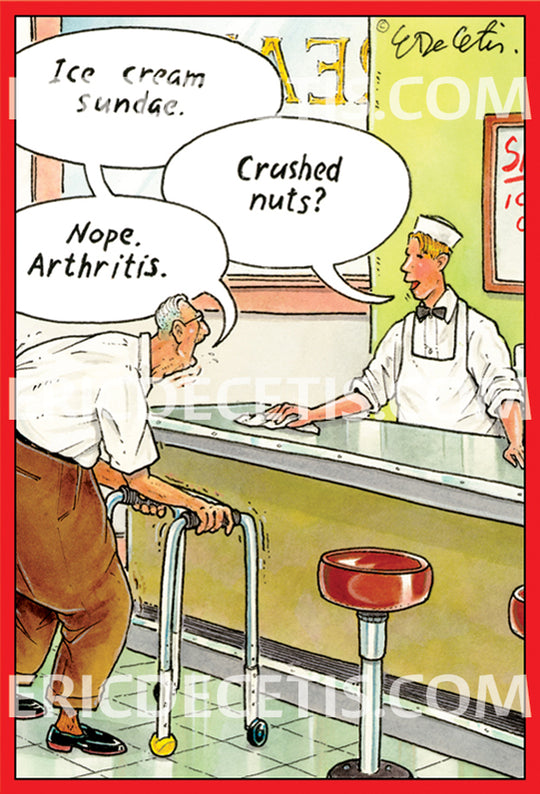 Cartoon of an elderly man with a walker at an ice cream counter, declining crushed nuts due to arthritis.