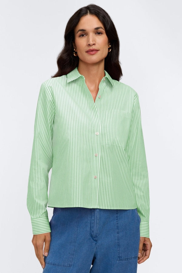 Jodie long sleeve shirt in pinpoint stripe cotton with a relaxed short silhouette.