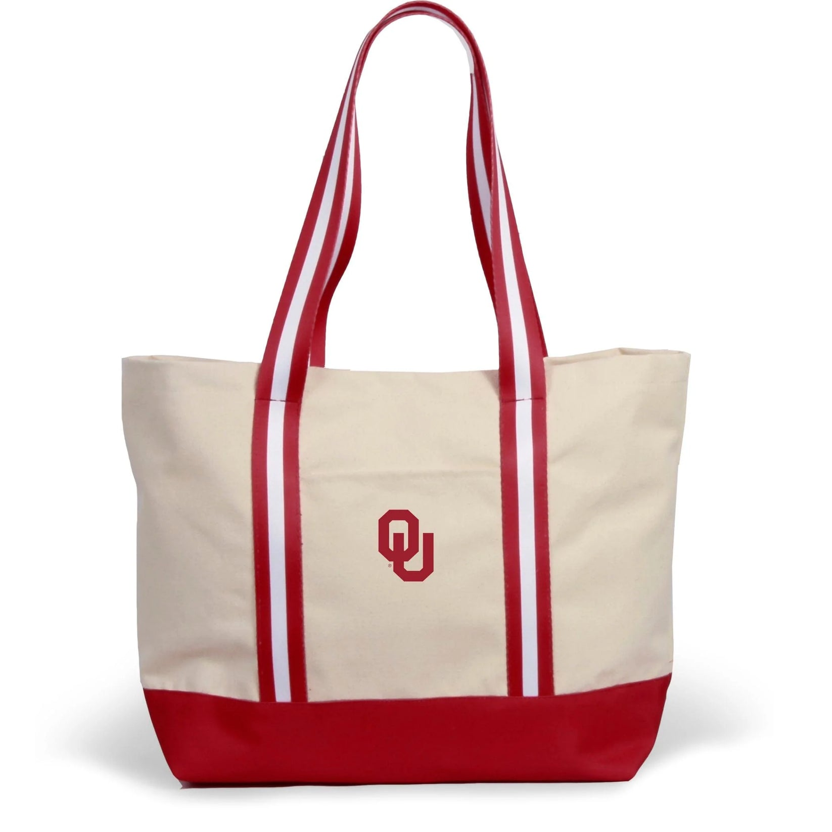 Cream canvas tote bag with red base, striped handles, and red Oklahoma OU logo on the front.