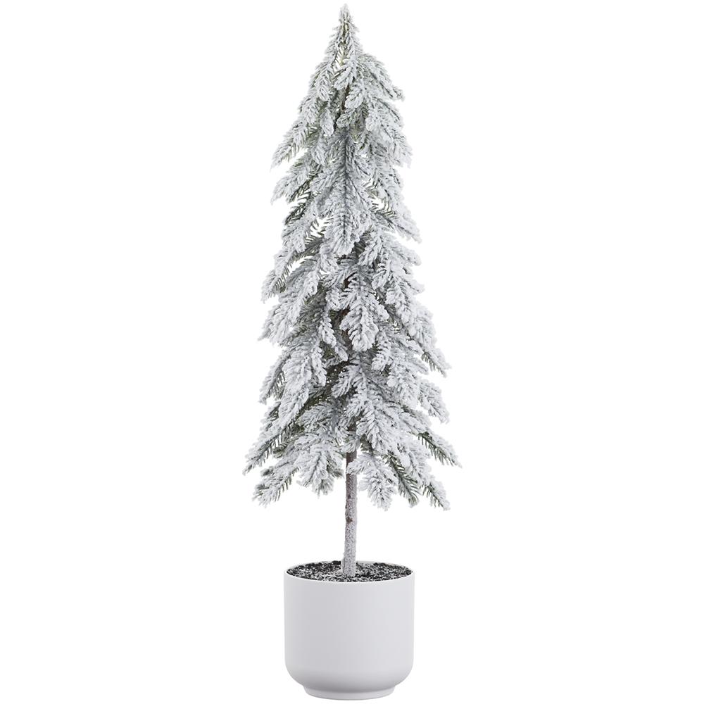 23-inch snow-covered green pine tree in a white plastic pot.