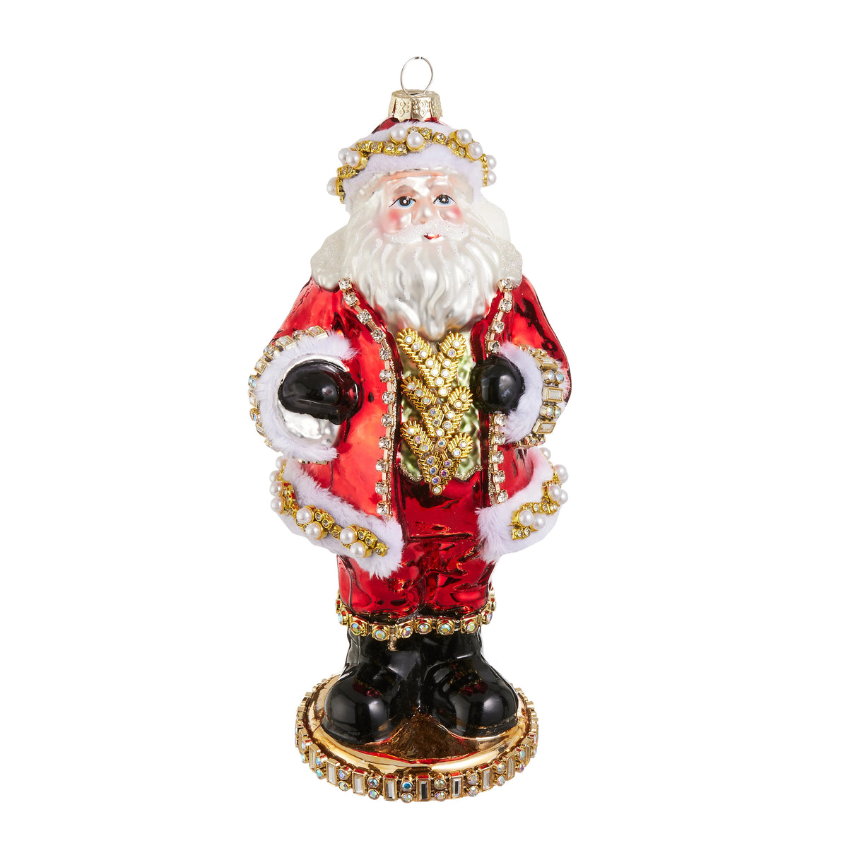 8-inch glass Santa Claus Christmas ornament in a red suit with gold and pearl embellishments.