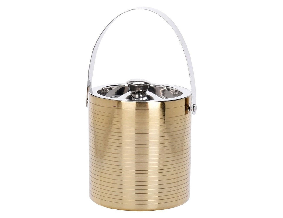 Gold ribbed stainless steel ice bucket with silver handle and lid, 150x155mm.