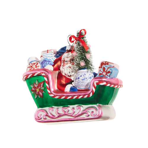 5.5-inch glass Chinoiserie sleigh ornament featuring Santa, a Christmas tree, and blue-patterned gifts.