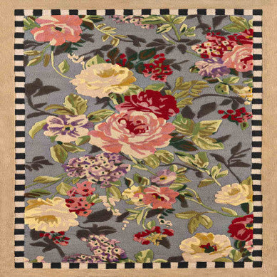 Tudor Rose washable rug with a floral Tudor pattern in rose tones on a light background.