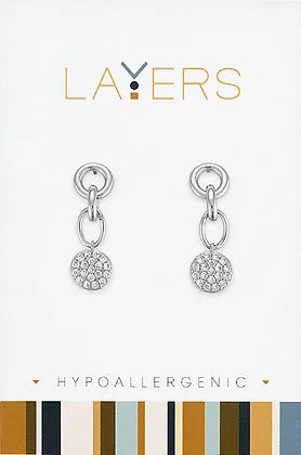 Silver layered dangle earrings featuring linked coin shapes with clear cubic zirconia accents.