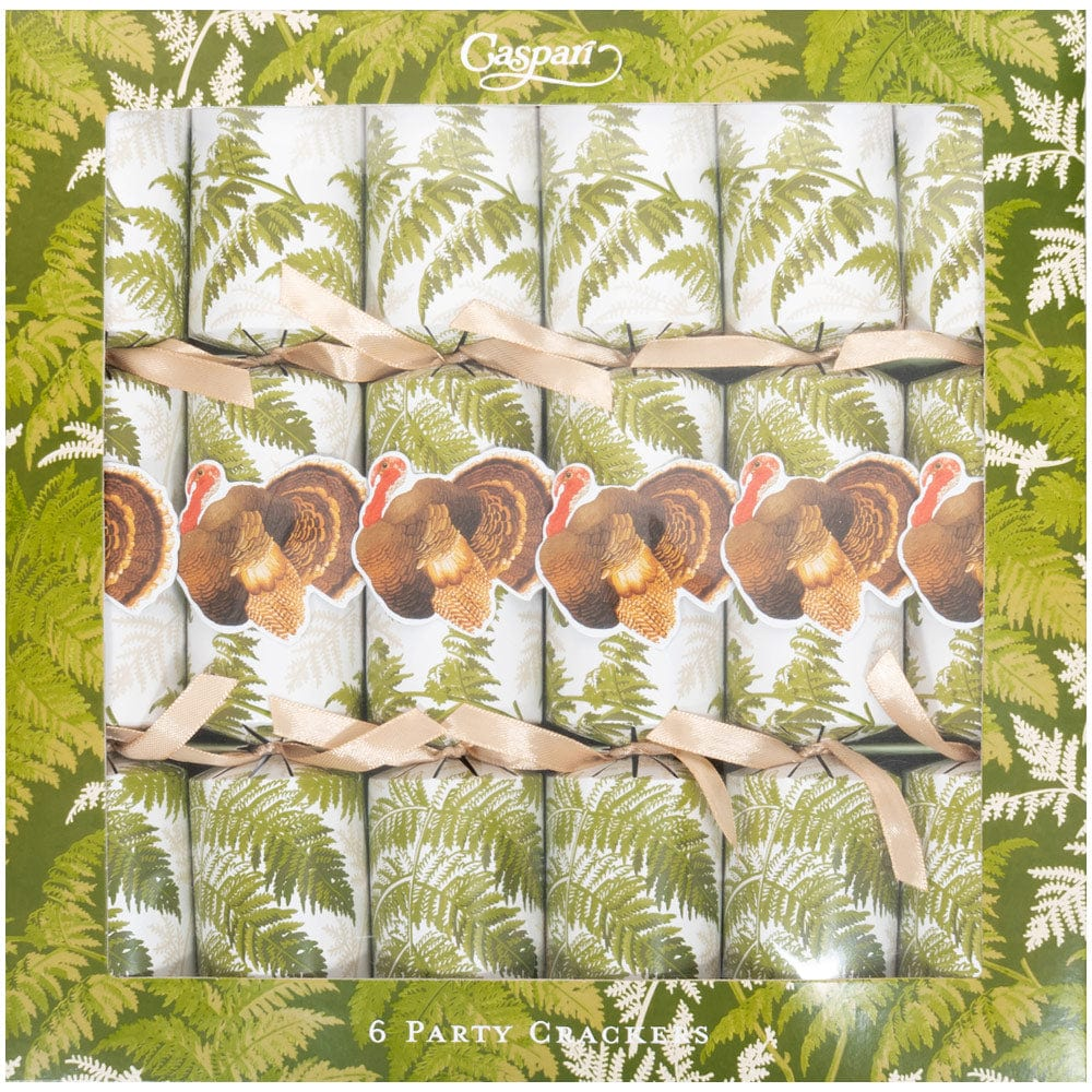 Box of 6 Turkey Among Ferns celebration crackers with green fern patterns and turkey appliqués.