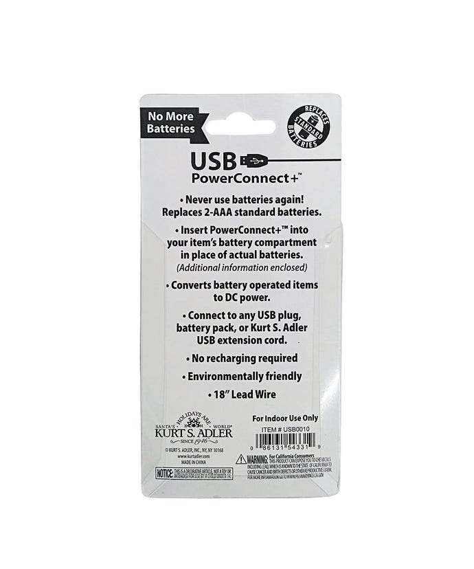 Packaging for a USB PowerConnect+ 2 AAA battery converter with product details and barcode.