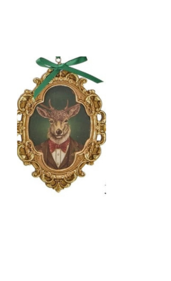 Ornate gold-framed deer bust ornament wearing a suit and red bowtie with a green ribbon hanger.