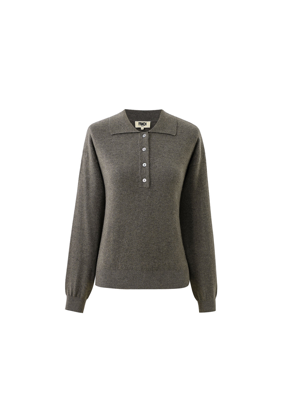 High-neck Chedid sweater in soft fine knit with button placket; fabric is polyester, acrylic, polyamide, moda and wool.