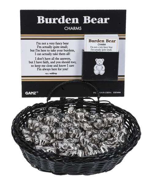 Silver Burden Bear Charm measuring three-quarters inch wide by one-quarter inch tall.