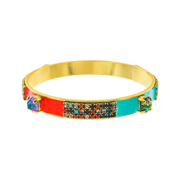 Antique gold brass bangle with colorful enamel hand painting and sparkling crystal accents.