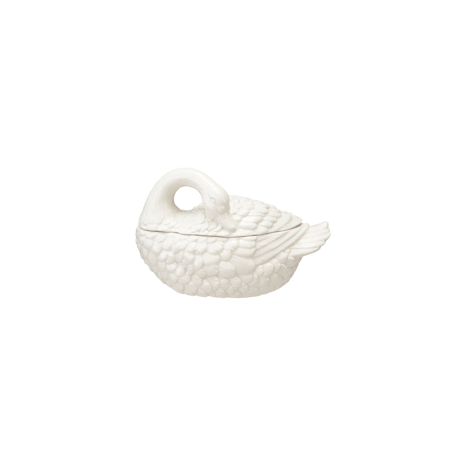 White stoneware swan-shaped jar with a removable lid and detailed feather texture.
