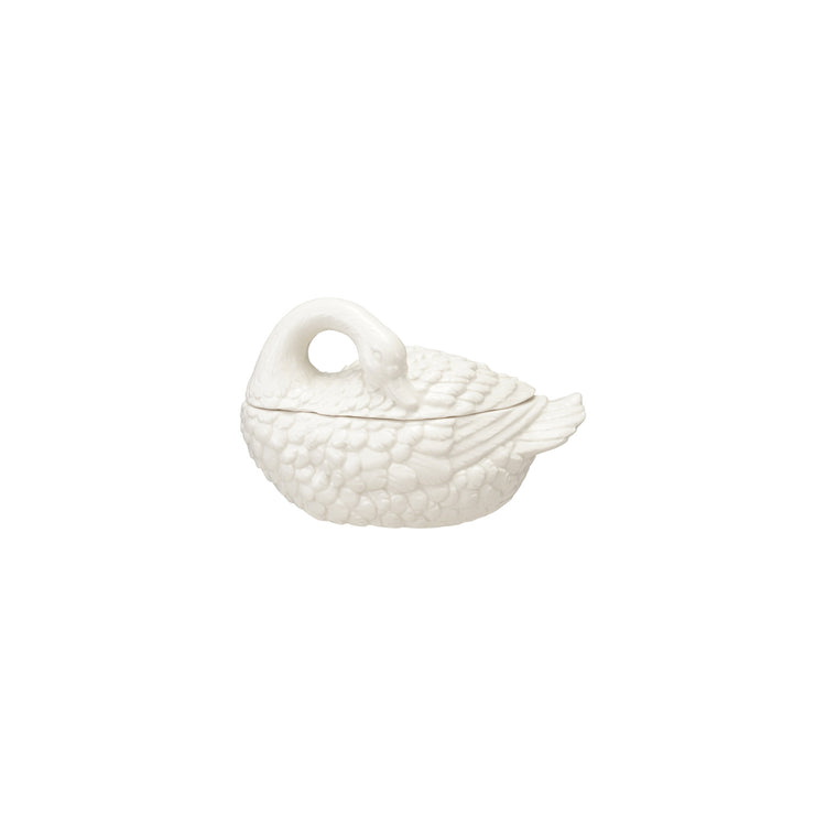 White stoneware swan-shaped jar with a removable lid and detailed feather texture.