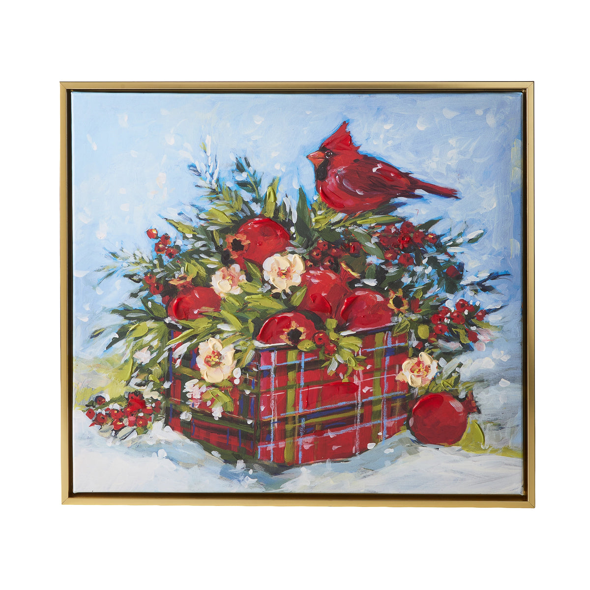 19.5" Homegrown Winter Arrangement Framed Wall Art featuring a cardinal on a plaid basket.
