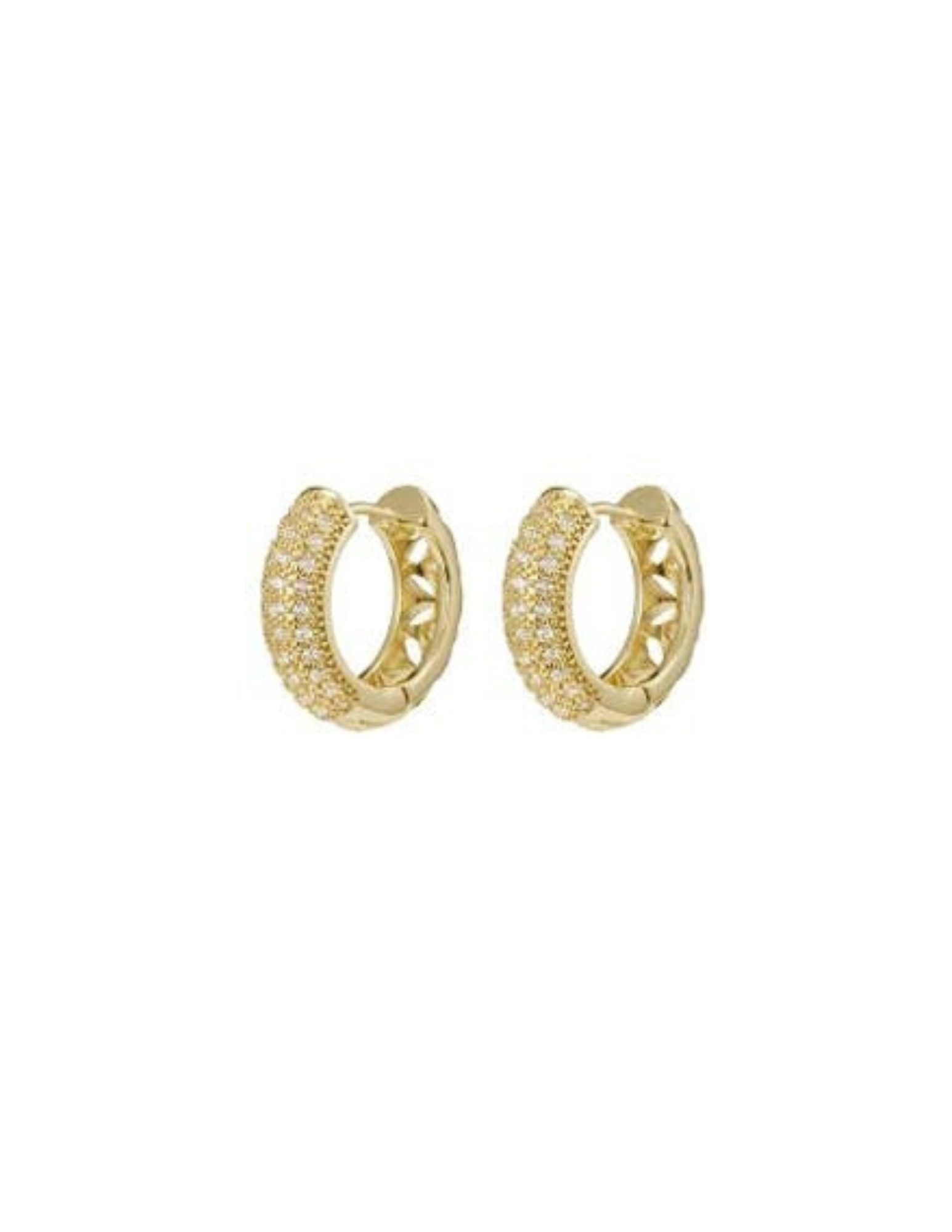 A pair of small gold hoop earrings encrusted with clear cubic zirconia stones.