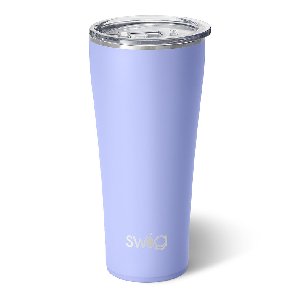 Light purple 32oz stainless steel tumbler with a slim silhouette and clear lid.