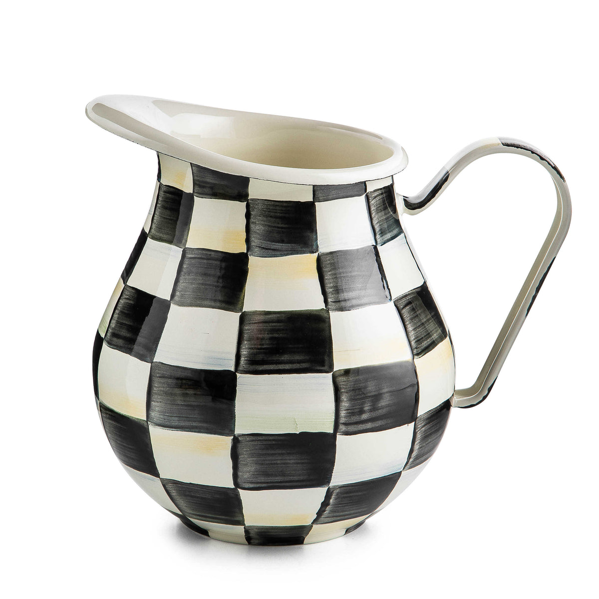 Hand-painted Courtly Check enamel pitcher with steel body, cream glaze, and blue floral pattern.